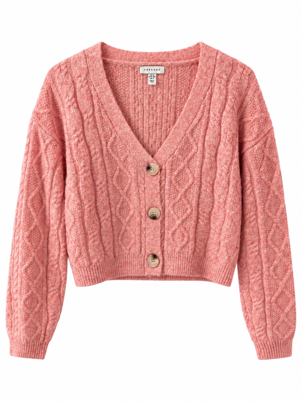 Topshop Pink Cable Knit Cropped V-Neck Cardigan Small Wool Blend